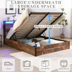 KEIKI Full Lift up Storage Bed Frame with Bookcase Headboard & Charging Station & LED Lights, Wooden Platform Bed Frame, No Spring Box Needed, Rustic Brown