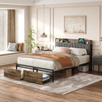 Queen Bed Frame with Storage Drawers and Charging Station, Upholstered Headboard Metal Platform Bed with USB Ports, No Box Spring Needed, Easy Assembly, Dark Brown