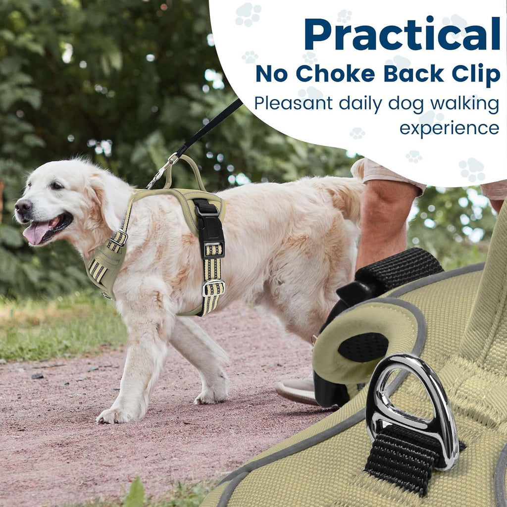 Funfox Dog Harness No Pull, Adjustable Pet Vest Harness, Super Soft Material with Vertical Handle Easy Control, Reflective Night Walking, 2 Leash Clips for Large Dogs, Army Green, L