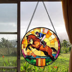 Stained Glass Window Hanging Equestrian Sports 6.3" - Horse Suncatcher Door Garden Sunroom Sun Catcher Home Decor Birthday Christmas for Mom Men Woman Nana