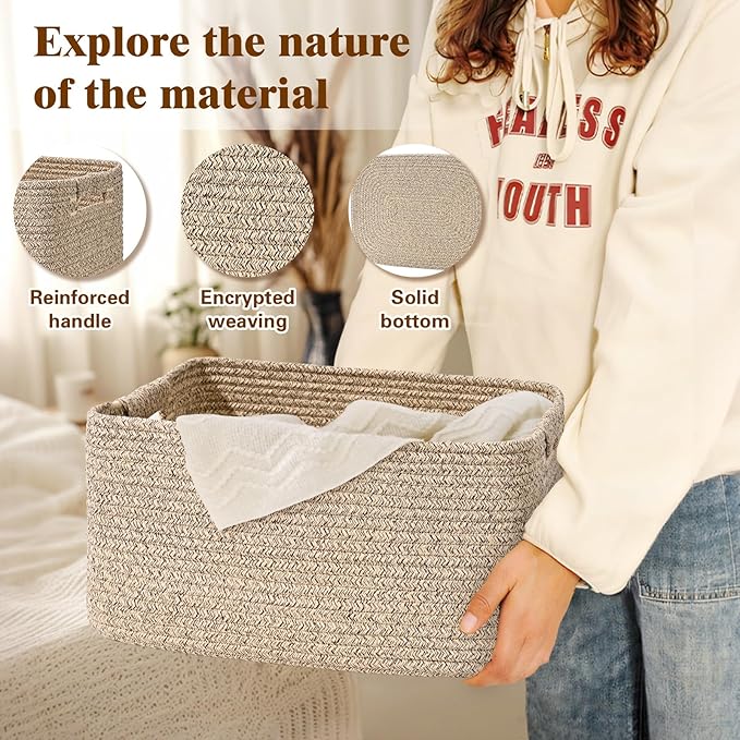2 Pack Large Storage Basket for Organizing, 17.5"x13"x7" Woven Basket for Shelves, Closet Cube Storage Bins with Wrapped Handle, Cotton Rope Baskets for Kitchen, Clothes, Toys (Natural))