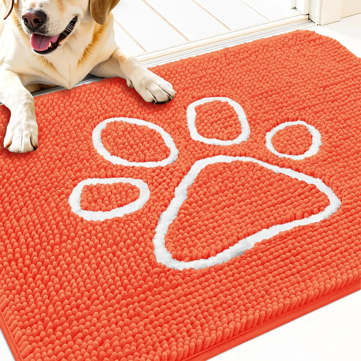 OLANLY Door Mat for Muddy Dog Paws 30x20, Ultra Absorbent Chenille Mud Doormat with Paw Print Design, Non-Slip Washable Doormat for Indoor Entryway, Quick-Dry Pet Bed Mats for Dirty Dogs, Coral
