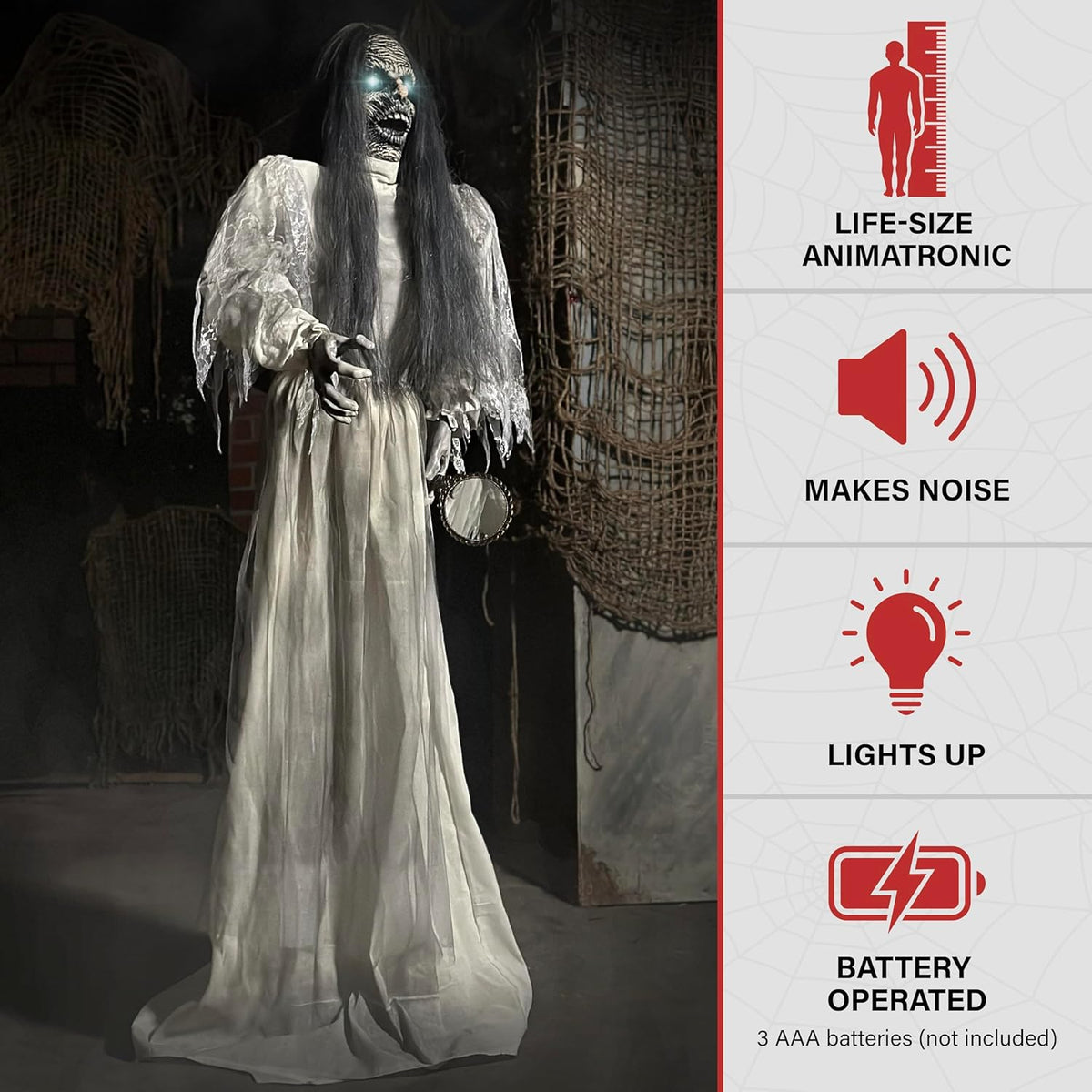 Haunted Hill Farm Lifesize Scary Haunted Woman Halloween Prop with Touch Activated Lights and Sound, Battery-Operated Indoor or Covered Outdoor Halloween Decoration