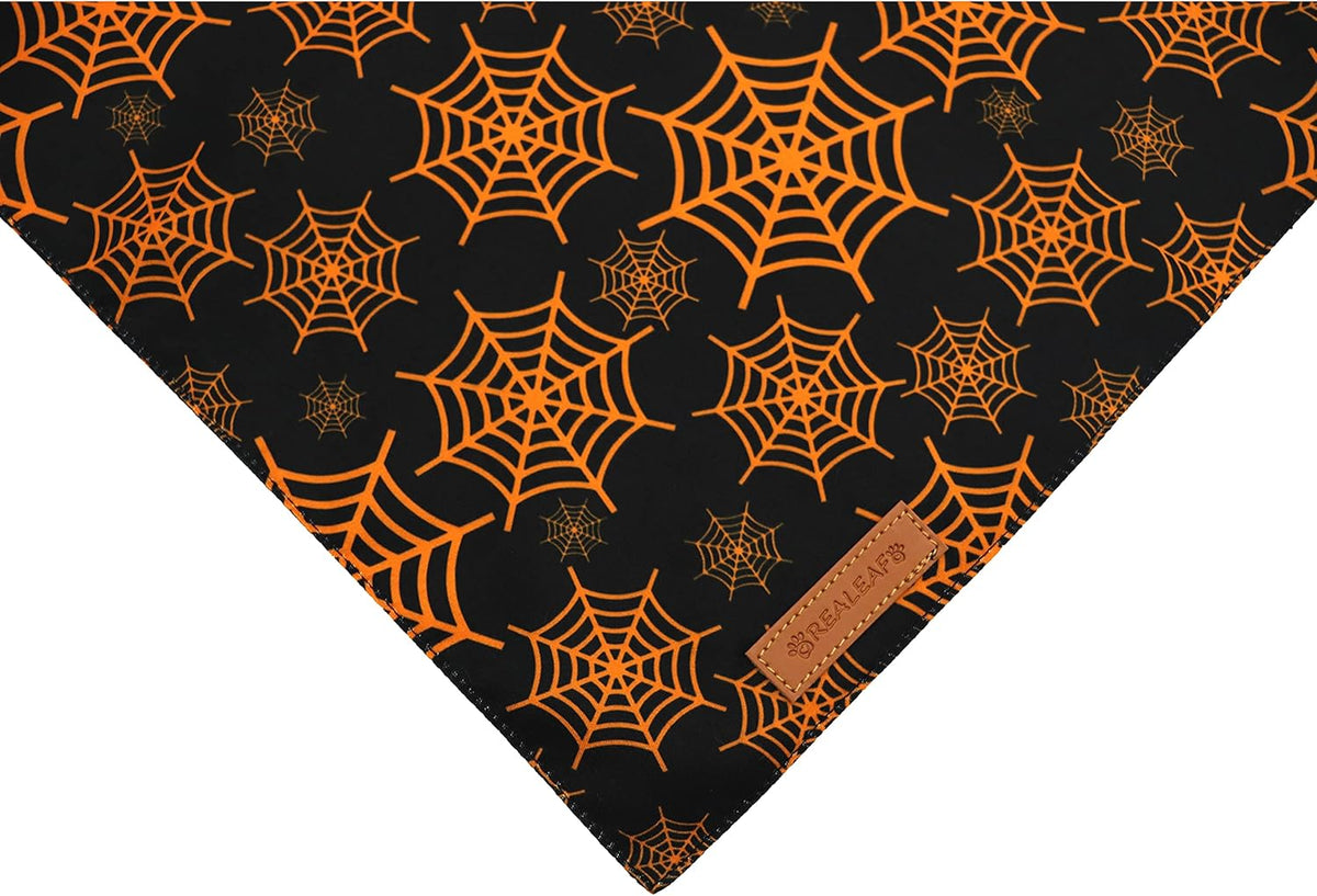Realeaf Halloween Dog Bandanas 2 Pack, Pumpkin and Spider Web Bibs, Triangle Reversible Fall Pet Scarf, Premium Durable Fabric, Adjustable Fit (Large)