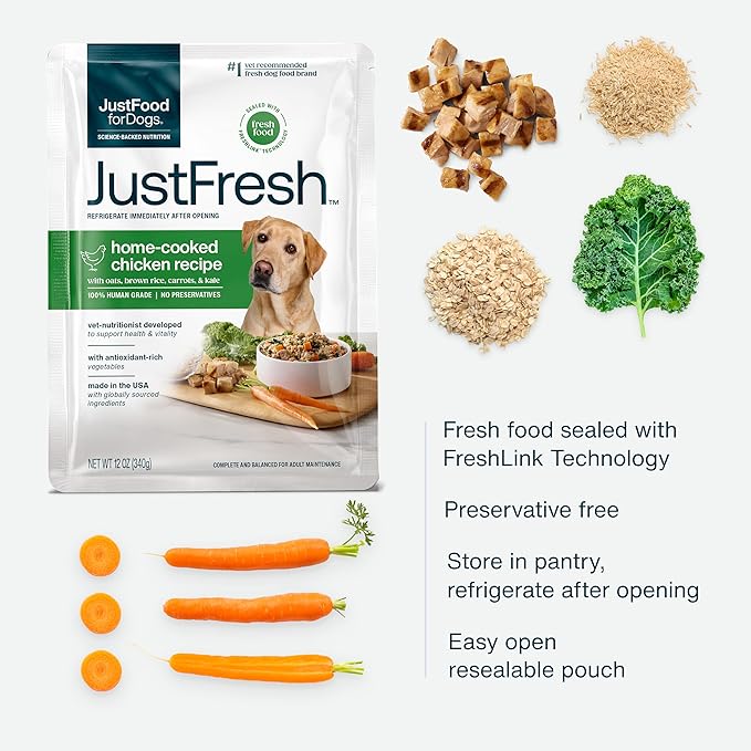 JustFoodForDogs JustFresh Wet Dog Food, Fresh Pet Meals and Toppers with No Preservatives, Resealable Package, Human Grade, Home-Cooked Chicken, 12 oz - 7 Pack