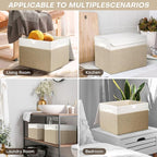 Large 42 Quarts Fabric Storage Bins with Lids [2-Pack] Linen Collapsible Foldable Baskets, Closet Organizer Containers boxes with Handles for Home Office (16.7 x 12 x 12, Beige & White)