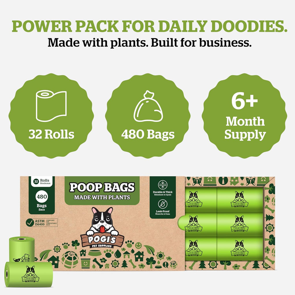 Pogi's Compostable Poop Bags – Leak-Proof, Extra-Large, Made with Plants – 32 Rolls (480 Bags)