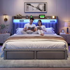 EnHomee Queen Bed Frame with 2 Storage Drawers, Upholstered Platform Bed with LED Lights and Charging Station, Sturdy Wooden Slats Support, No Box Spring Needed, Noise Free, Grey