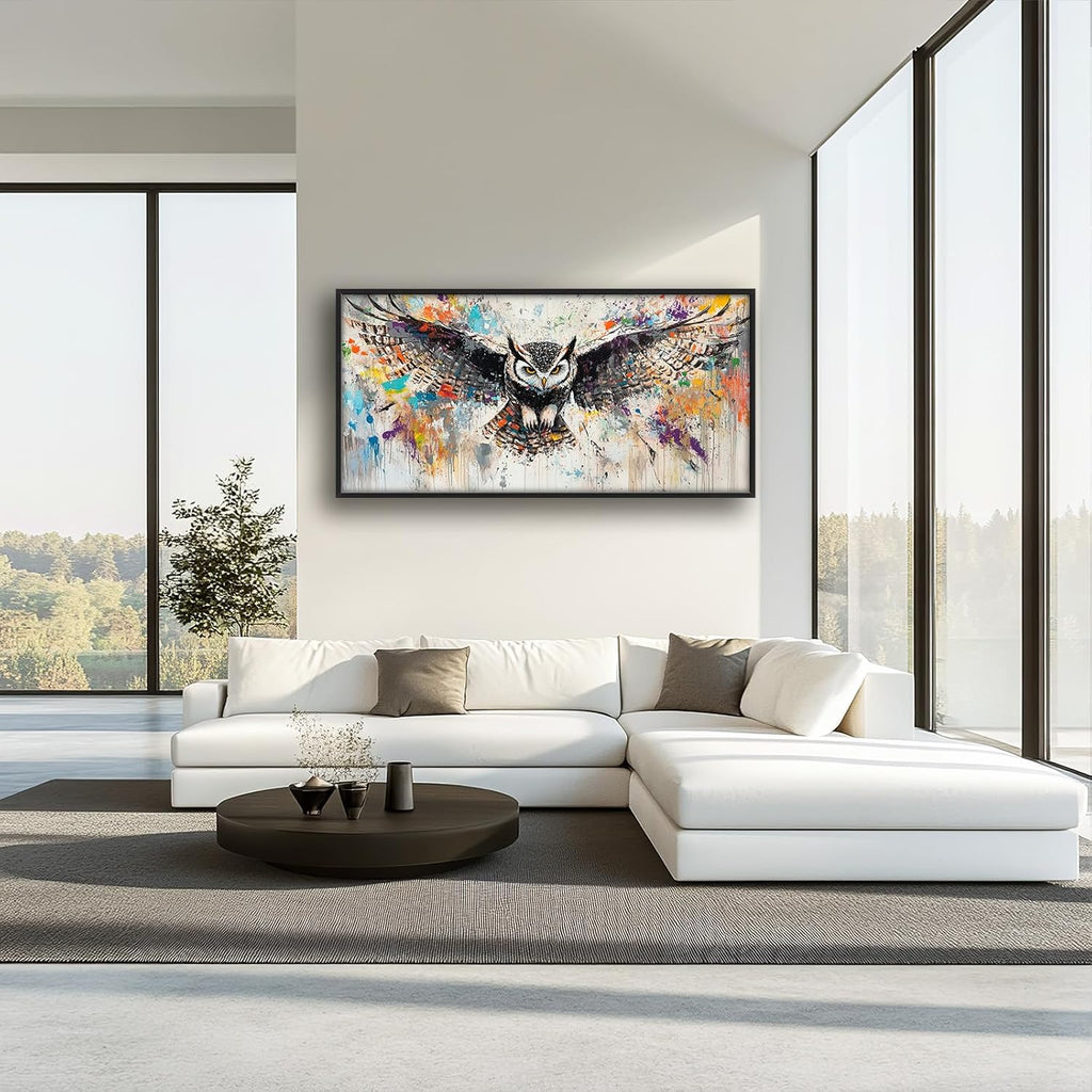 Large Owl Wall Art for Living Room, Framed Oversized Banksy Owl Wall Decor Colorful Wildlife Canvas Painting Animal Pictures Modern Artwork for Living Room Bathroom Bedroom Office Dining Room 60"x30"