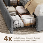 Full Size Bed Frame with 4 Storage Drawers and LED, Adjustable Clouds Headborad, Velvet Upholstered Platform Full Bed Frame with Charing Station, Wood Slats Support, No Box Spring Needed,Grey