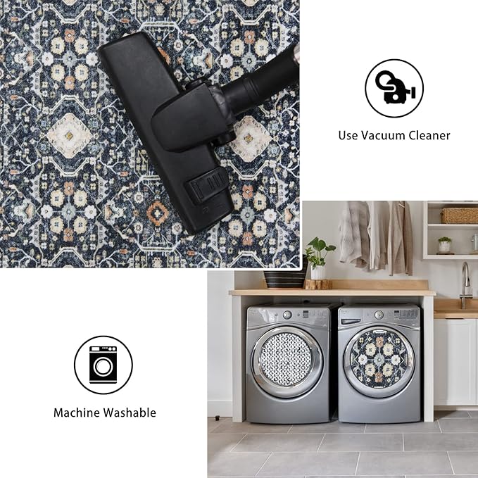 4x8 Washable Kitchen Area Rug: Farmhouse Stain-Resistant Rug for Living Room Bedroom Wide Soft Carpet for Entryway Dining Room Thin Hallway Floor Mat with Non Slip Backing Vintage Home Dcor(4x8,Black)