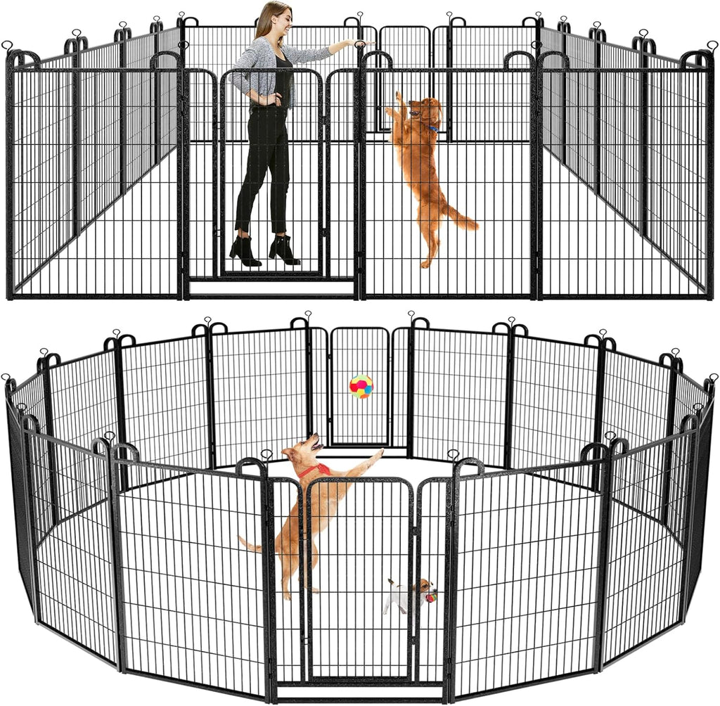 Dog Playpen Outdoor 16 Panels Heavy Duty Dog Fence 47" Height Anti-Rust with Doors Portable for RV Camping Yard, Total 36FT, 103 Sq.ft, Snowy Black
