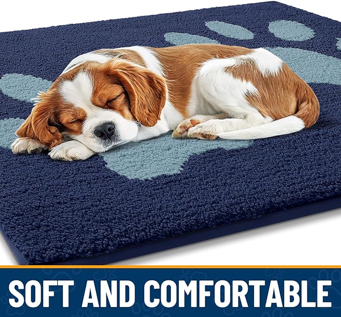 Smiry Dog Door Mat for Muddy Paws, Absorbs Moisture and Dirt, Low-Profile Entryway Mat with Non-Slip Backing, Entry Indoor Outdoor Doormat for Inside Floor (36x24 Inches, Dark Blue, Paw)