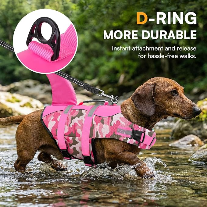 Dog Life Jacket Ripstop Dog Shark Safety Vest Adjustable Preserver with High Buoyancy and Durable Rescue Handle for Small,Medium,Large Dogs, Pink Camouflage XX-Large