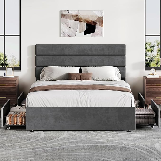 WLIVE Full Size Upholstered Bed Frame with 4 Drawers and Velvet Square Tufted Headboard, Sturdy Metal & Wooden Slats Support, No Box Spring Needed, Easy Assembly, Dark Grey
