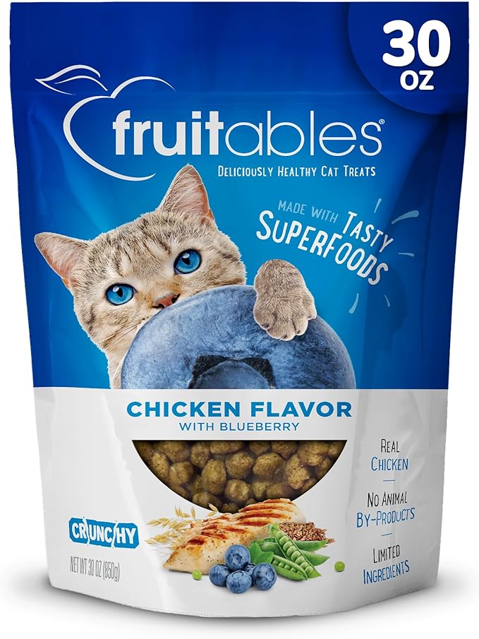 Fruitables Cat Treats Crunchy Cat Treats Packed with Protein Healthy Low Calorie Free of Wheat, Corn and Soy Made with Real Chicken and Blueberry 30 Ounces