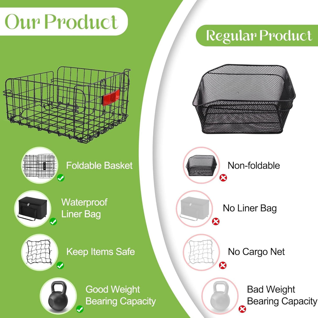Aodaer Bike Basket with Removable Liner Bag Cargo Net Large Folding Bike Basket Quick Release Metal Ebike Basket Bicycle Storage Basket for Carrying Fruit & Grocery Pets Dogs