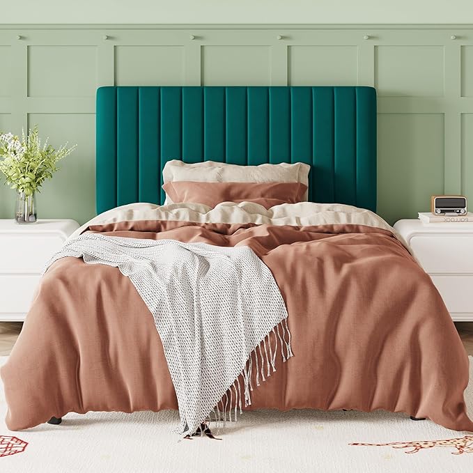 Allewie Twin Bed Frame, Velvet Upholstered Platform Bed with Adjustable Vertical Channel Tufted Headboard, Mattress Foundation with Strong Wooden Slats, Box Spring Optional, Easy Assembly, Teal