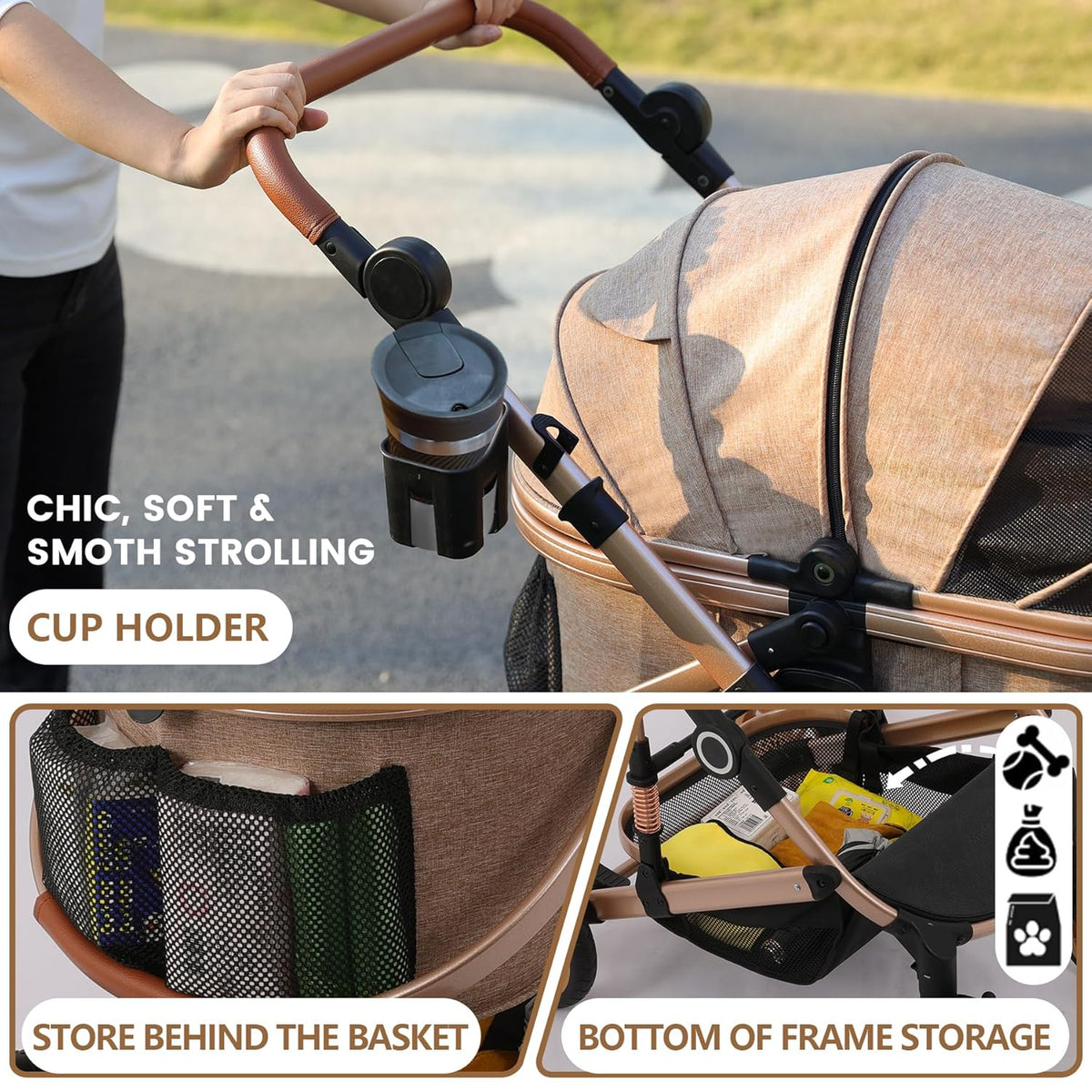 Pet Stroller with 4 Wheels, Foldable Pet Travel Carrier for Small/Medium Dogs Cats up to 50lbs, Detachble Portable Pet Bag, Storage Basket, Car Seat 3 in 1 Multifunctional (Tan)