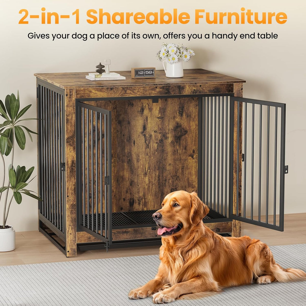 Dog Crate Furniture, Large Dog Crate Furniture, Wooden Cage Kennel Furniture Indoor, Modern Dog Crate with Multi-Purpose Removable Tray, Double-Doors Dog Furniture, Rustic Brown