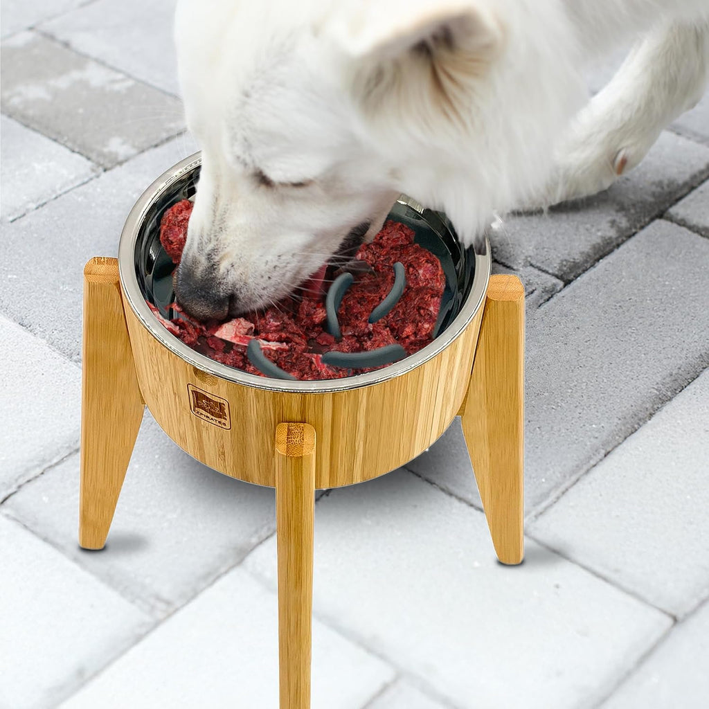 Slow Feeder Dog Bowls for Large Breed - Elevated, Raised 12-inch High - Bamboo Bowl with [60-oz Cap] Stainless Steel Inner Dish, Slow Feeding Insert Pad and Single Stand