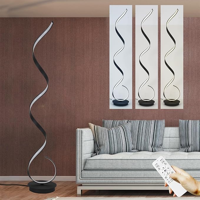 Spiral Floor lamp, 57 "48W Unique Modern LED Floor Light, 3 Color dimmable Remote Control Corner lamp Standing Light, Suitable for The Living Room Bedroom Reading Decorative Floor lamp（Black）
