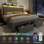SHA CERLIN Queen Platform Bed Frame with Vertical Channel Tufted Wingback Headboard & 2 Storage Drawers/2-Tier Shelves with LED Lights & Charging Station/Noise-Free/No Box Spring Needed/Dark Grey