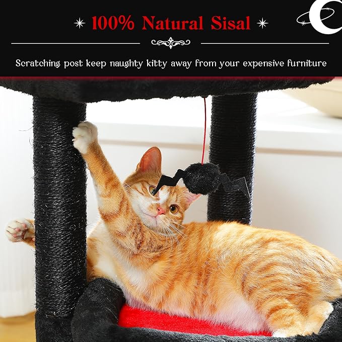 PEQULTI Cat Tree Gothic Cat Tower for Indoor Cats with Private Cozy Cat Condo, Natural Sisal Scratching Posts and Plush Pom-pom for Small Cats Black