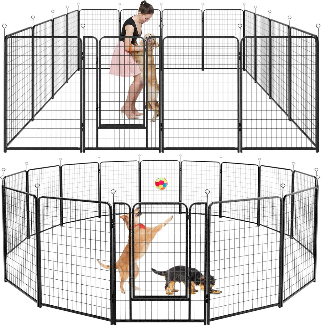 Dog Playpen Outdoor Extra Wide 16 Panels Heavy Duty Dog Fence 50" Height Anti-Rust with Doors Portable for RV Camping Yard, Total 42FT, 140 Sq.ft, Snowy Black