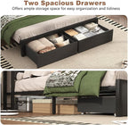 Farmhouse Full Bed Frame with Bookcase Storage Headboard, Charging Station, LED Light and 2 Storage Drawers, Noise Free, No Box Spring Needed, Black