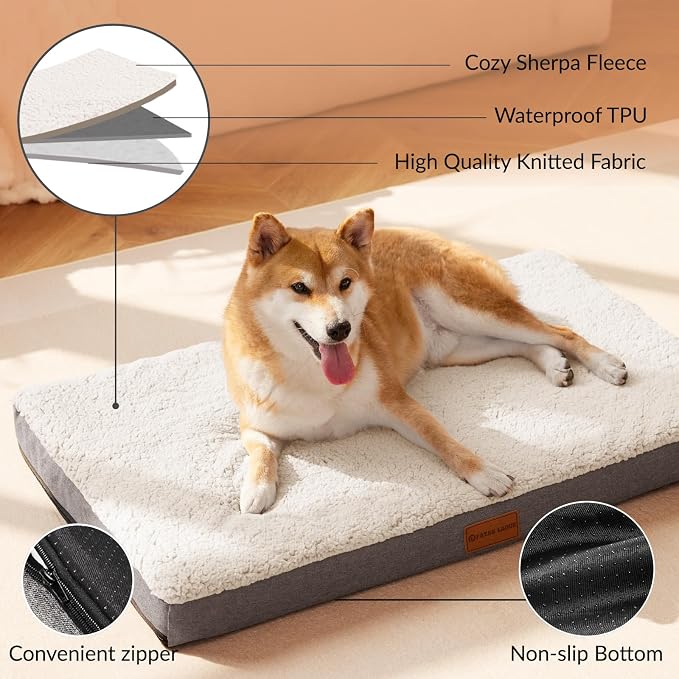 Patas Lague Orthopedic Large Dog Bed Washable Pet Sofa Mat 48''X30'' Ivory | Egg-Crate Foam Dog Couch For Large Sized Dogs, Waterproof Removable Cover, Soft Pet Crate Bed With Nonskid Bottom