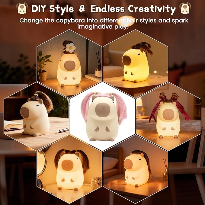 Cute Capybara Night Light with DIY Hairstyle ,Squishy Silicone Lamp, Nursery Nightlight for Kids, Rechargeable Touch Bedside Lamp, Bedroom Decor, Baby Boys Girls,White Elephant Gifts,Funny Xmas Gifts
