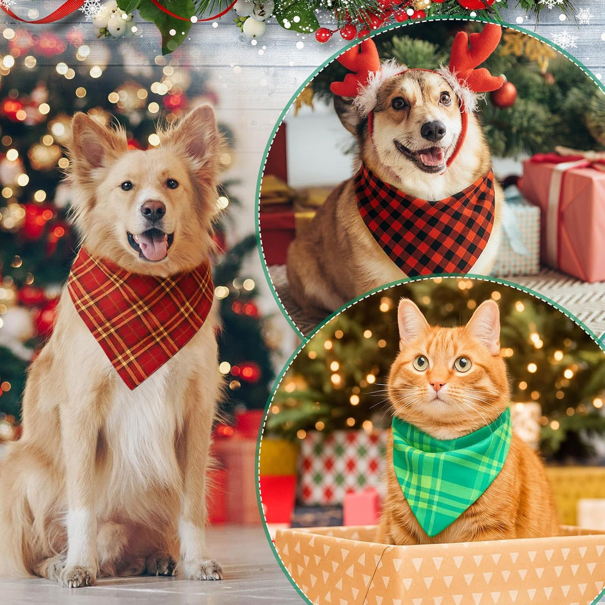 Abbylike 100 Pcs Christmas Dog Bandanas Bulk Red and Green Buffalo Plaid Xmas Bandanas for Dogs Triangle Kerchief Bibs Scarf Set with Christmas Patterns for Pets Costume Photo Props Accessories