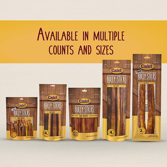 Cadet Bully Sticks for Dogs - Long-Lasting Dog Chews - All-Natural Premium Dog Treats Promotes Dental Health