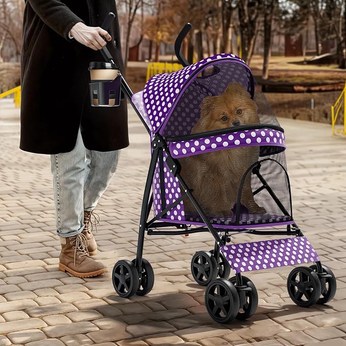Magshion Compact Pet Stroller for Small-Medium Dogs/Cats up to 22lbs, 4-Wheel Lightweight Umbrella Shaped Portable Puppy Travel Jogger w/Breathable Mesh, Cup Holder & Rear Storage, Purple Polka Dots