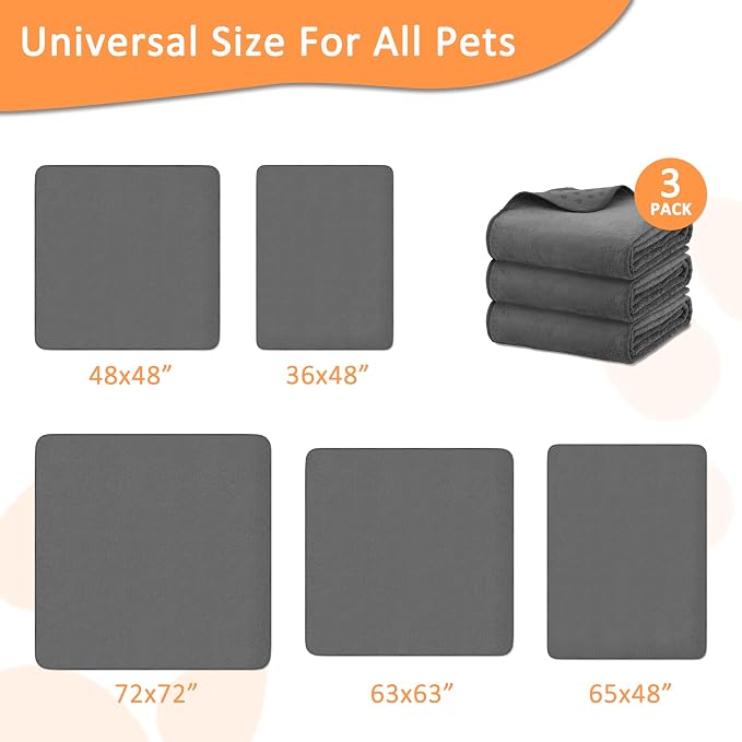 Bunlitent Washable Pee Pads for Dogs, 63'' x 63'', 3 Packs, Grey, Quick-Dry | Extra Large,Non-Slip Waterproof, Fast Absorbent, Reusable Whelping Pads, For Puppy, Senior Dog, Incontinence