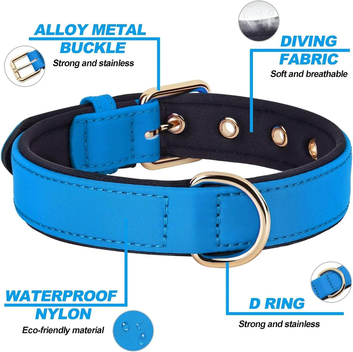 Didog Soft Padded Dog Collars for Small Dogs, Lightweight and Breathable Dog Collar with Metal Buckle, Blue, M