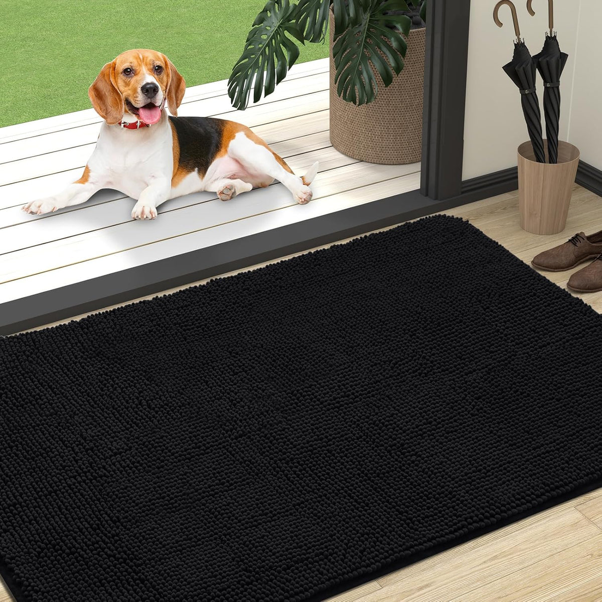 OLANLY Dog Door Mat for Muddy Paws 47x32, Absorbs Moisture and Dirt, Absorbent Non-Slip Washable Doormat, Quick Dry Chenille Mud Mat for Dogs, Entry Indoor Entryway Carpet for Inside Floor, Black