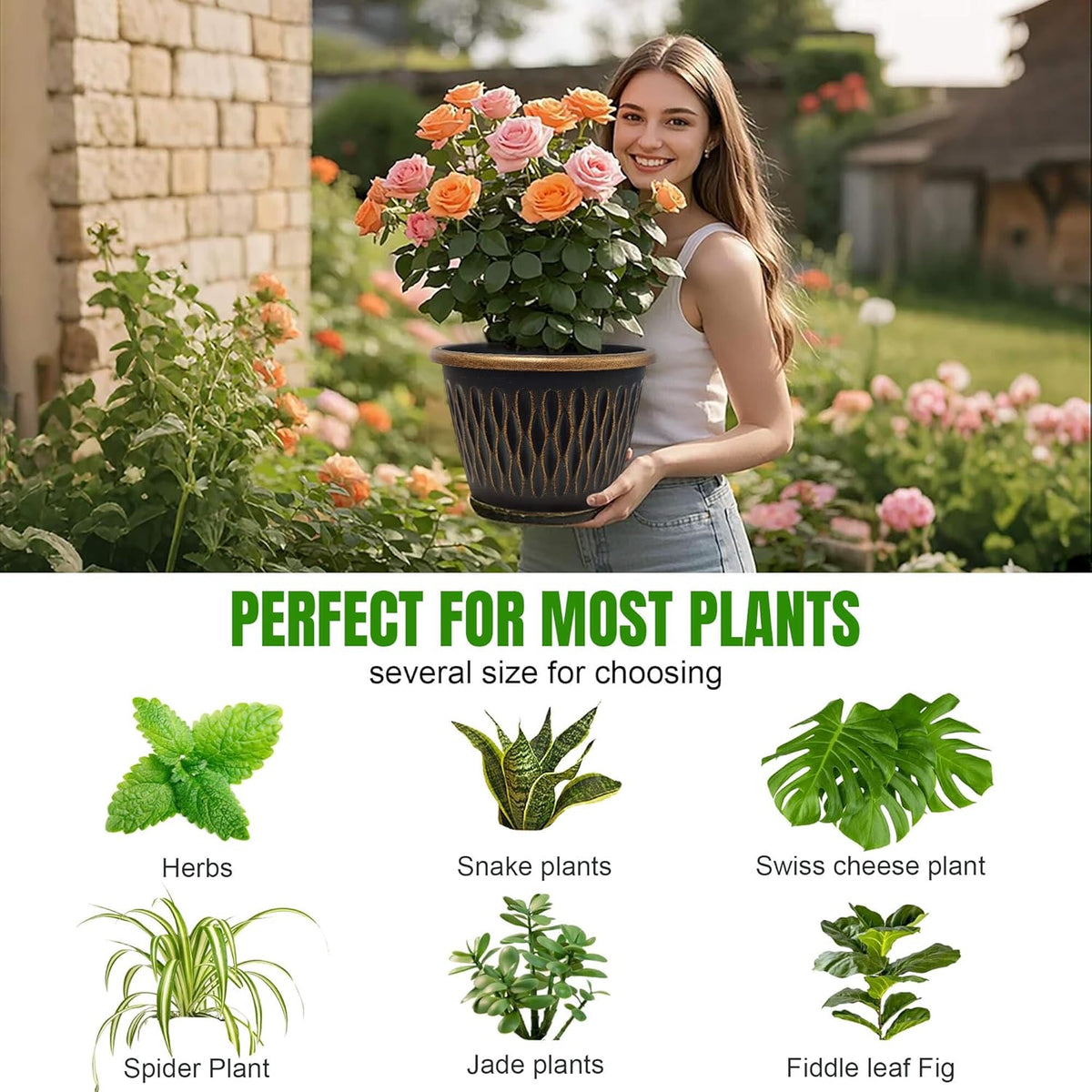 4 Pack 10 Inch Retro Plant Pots, Vintage Striped Flower Pots with Drainage Hole & Saucer, Large Plastic Planters for Indoor and Outdoor Plants, Decorative Garden Pots(Gold)