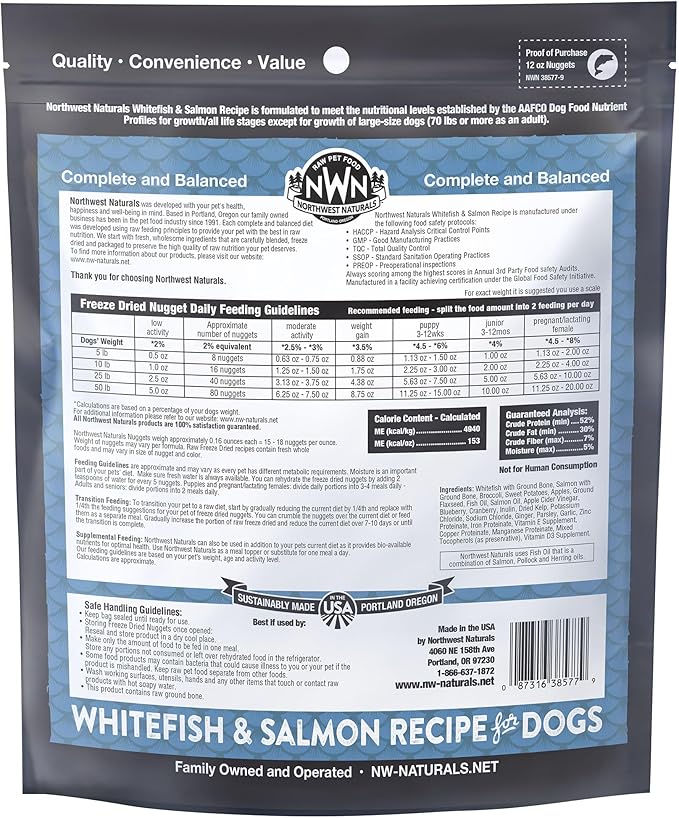 Northwest Naturals Freeze-Dried Whitefish & Salmon Dog Food - Bite-Sized Nuggets - Grain-Free, High-Protein, Human-Grade Ingredients, All Natural, Omega-3 for Skin & Coat - 12 Oz (Pack of 2)