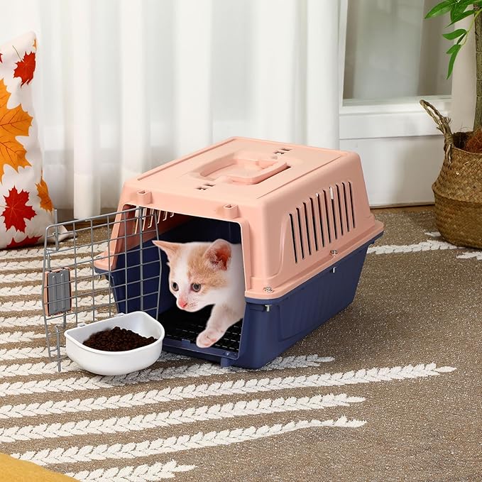 2 Set Pet Carrier for Small Dogs and Cat, Hard Shell Plastic Dog Crate with Bowl and Cooling Pad Fully Breathable Portable Kennel for Small Pet Travel Camp(Blue,18.9 x 12.6 x 11.8 Inch)