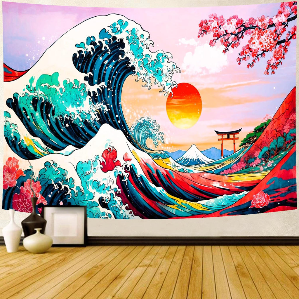 Delur Great Wave Tapestry Japanese Sunset Ocean Sea Wave Off Kanagawa Tapestry Wall Hanging Vintage Asian Anime Cherry Blossom Nature Headboard for Bedroom Living Room Home Decor (51.2" x 59.1")