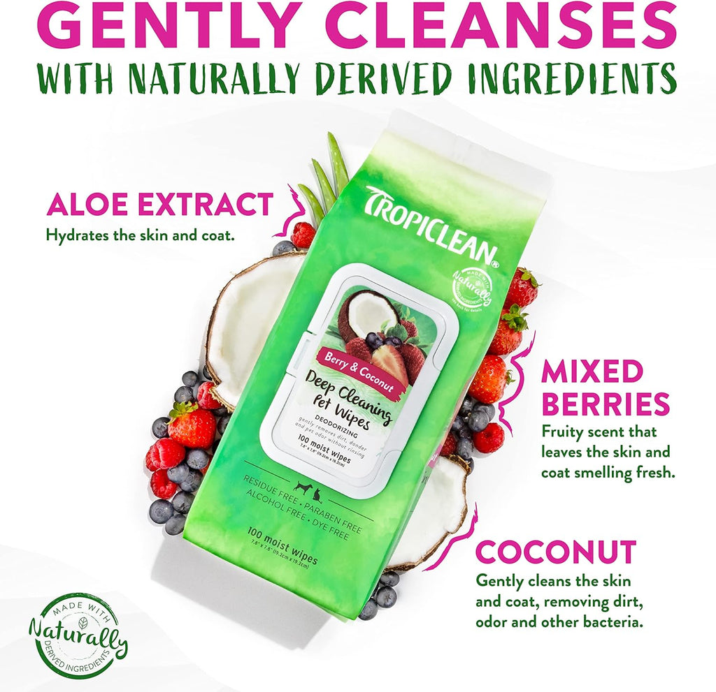 TropiClean Deep Cleaning Pet Wipes, 100ct - Wipes for Dogs & Cats - Gently Removes Dirt, Dander & Smells - for Pet Paws, Face, Body & Bottom - Sweet Berry & Coconut Scent