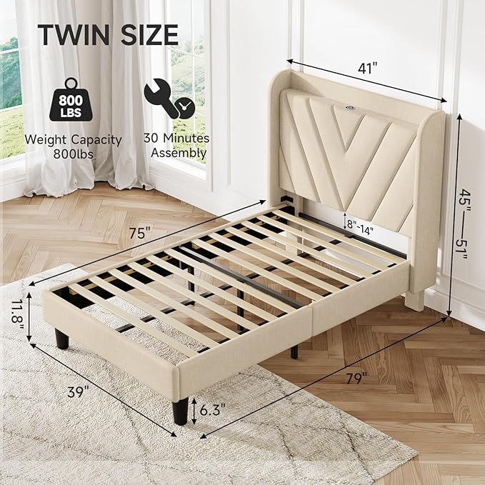koorlian Twin Size Bed Frame with Headboard, Adjustable Upholstered Platform Bed Frame with Type-C&USB Ports for Kids, Wingback Storage Headboard, Solid Wood Slats Support, No Box Spring Needed, Beige