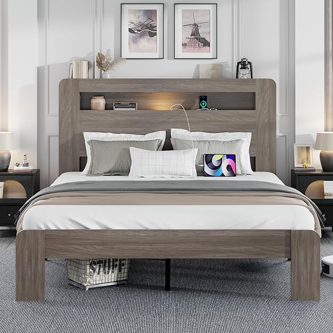 Full Size Wooden Bed Frame with Bookcace Storage Headboard, Rustic Farmhouse Bedframe with LED Lights and Charging Station, Sturdy and Stable, Slat Support, No Box Spring Required (Light Brown, Full)