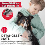KONG Double-Sided Rake & Deshedding Tool – Detangling & Shedding Control, Rounded Metal Tips, Non-Slip Grip, for Medium to Large Dogs with Medium to Long Coats, Red/Gray
