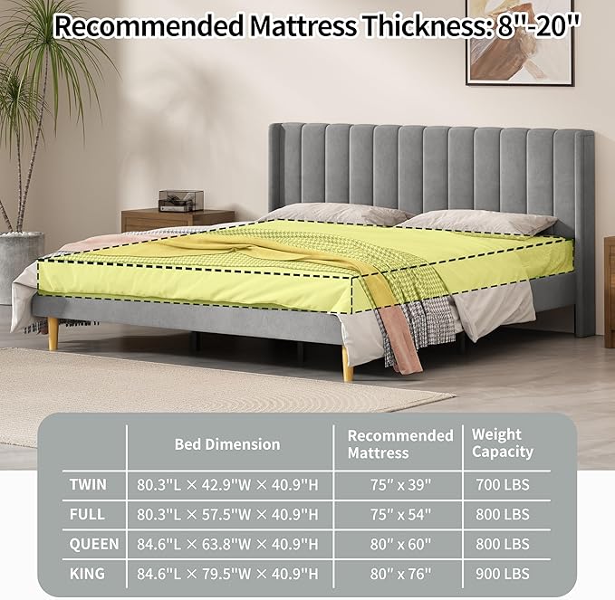 King Size Upholstered Platform Bed Frame with Modern Wingback & Vertical Panel Headboard, Velvet Fabric, Wooden Legs & Slats Support, No Box Spring Needed, Noise-Free & Easy Assembly, Grey