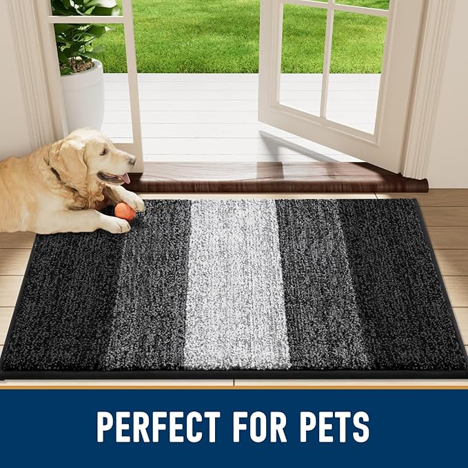 Smiry Dog Door Mat for Muddy Paws, Absorbs Moisture and Dirt, Low-Profile Entryway Mat with Non-Slip Backing, Entry Indoor Outdoor Doormat for Inside Floor (59x35 Inches, Black, Striped)
