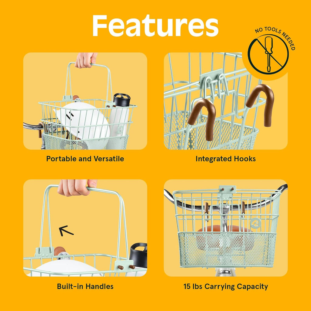 Retrospec Apollo Detachable Front Bike Basket Steel Half-Mesh with Integrated Detachable Hooks and Built-In Handle, Easy Assembly and Portability for Bicycles