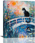 Quorin Black Cat Wall Art Water Lily Sunset Pictures Cat Wall Decor Impressionism Canvas Print Painting Artwork for Bathroom Living Room Bedroom 16"x20"